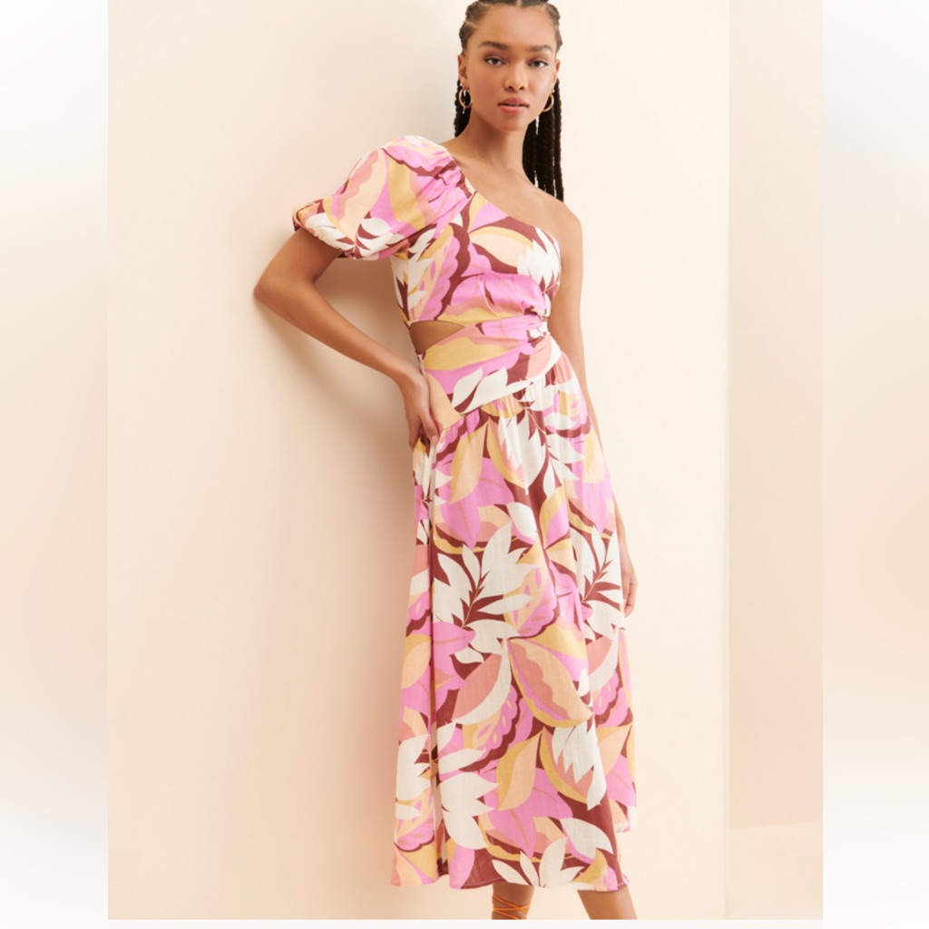 Nwt Minkpink Kali One Shoulder Floral Midi Dress With Cut-Out Detailing
